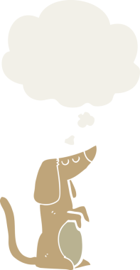 Düşünce baloncuğu olan bir insan tarafından çizilmiş çizgi film köpeği.