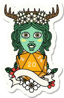 Bir insan tarafından çizilmiş 20 zarlı yarı ork Druid karakterinin çıkartması.