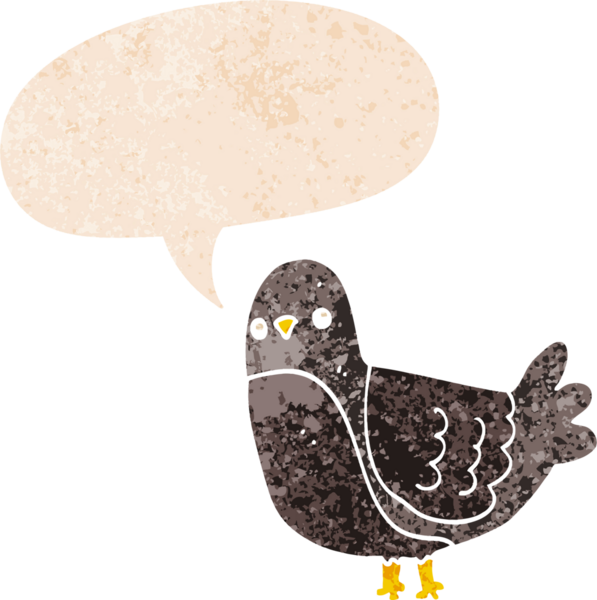 grunge 'da konuşma baloncuğu olan karikatür kuşu bir insan tarafından çizilmiş dertli retro tarzı