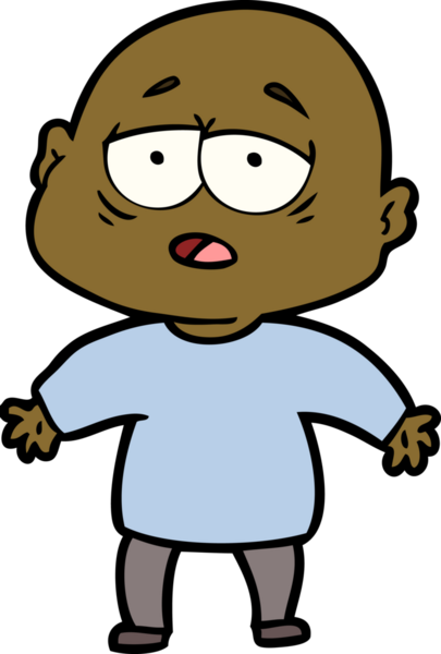 Bir insan tarafından çizilmiş yorgun, kel bir adam.