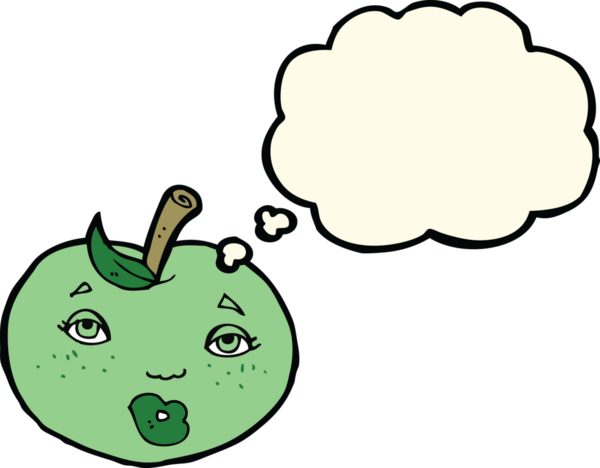 bir insan tarafından çizilmiş, yüzü düşünce baloncuğu olan çizgi film elması
