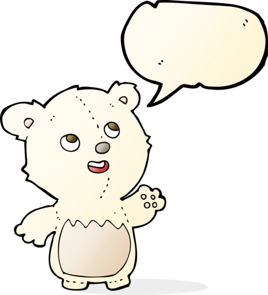 Bir insan tarafından çizilmiş konuşma baloncuğu olan mutlu küçük oyuncak ayı.