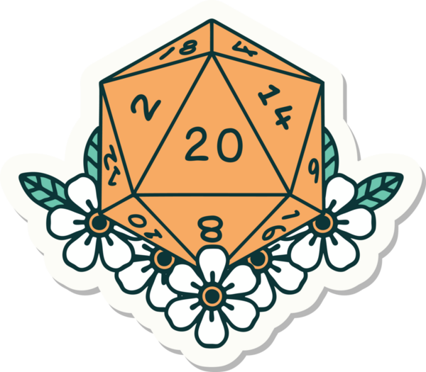 Bir insan tarafından çizilmiş 20 D20 zarının etiketi.