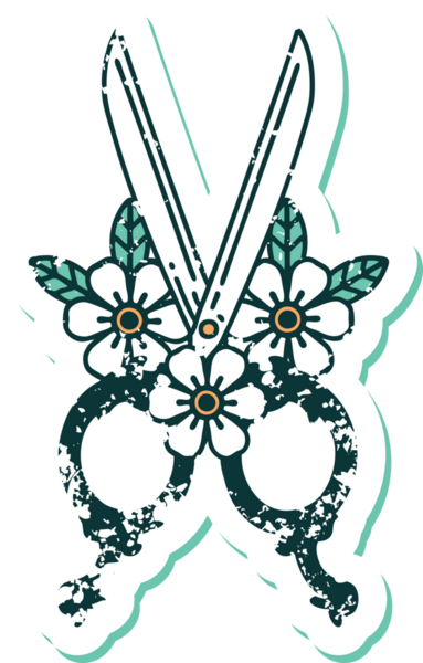 Bir insan tarafından çizilmiş berber makasının ve çiçeklerin sembolik dövmesi.