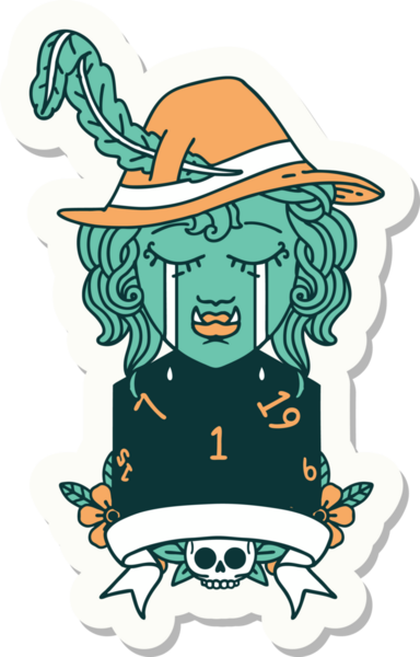 Ağlayan bir ork ozan karakterinin çıkartması. Bir insan tarafından çizilmiş doğal bir D20 rulosu.