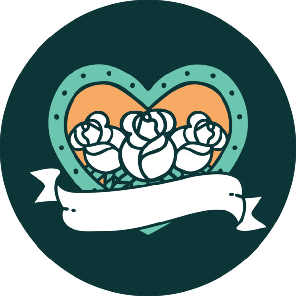 İkonik dövme stili bir kalp ve bir insan tarafından çizilmiş çiçekli pankart.