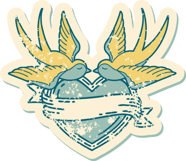 Kederli sembolik dövme stili kırlangıçlar ve bir insan tarafından çizilmiş sancaklı kalp.