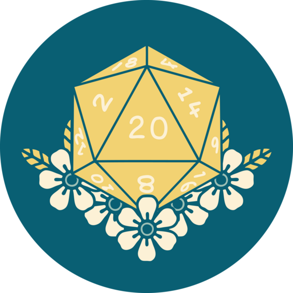 Retro Dövme Biçimi Doğal 20 D20 zar bir insan tarafından çizilmiş çiçek elementleriyle