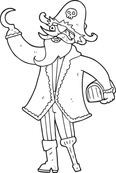 Bir insan tarafından çizilmiş siyah beyaz karikatür korsan kaptanı
