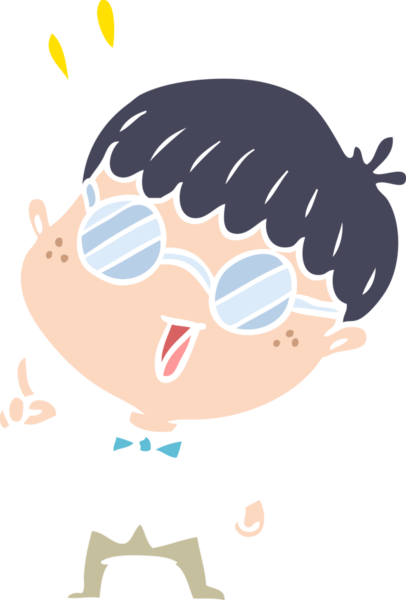 Düz renkli çizgi film. Bir insan tarafından çizilmiş zeki çocuk.