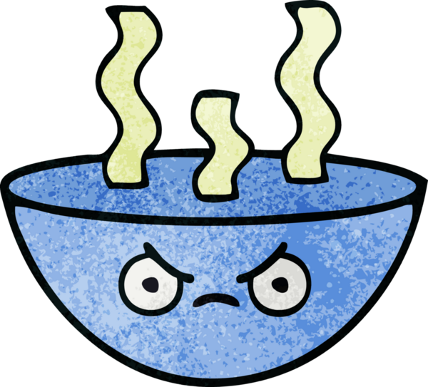 Bir insan tarafından çizilmiş sıcak çorba kasesinin retro grunge desenli karikatürü.