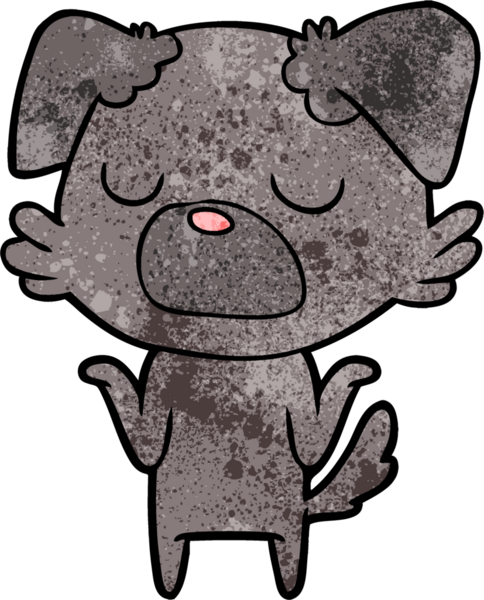 Bir insan tarafından çizilmiş omuzlarını silkeleyen çizgi film köpeği.