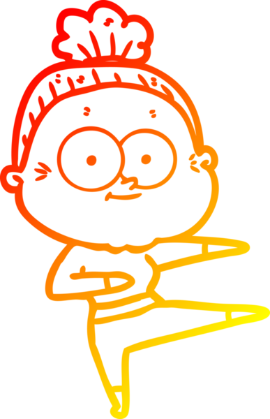 Bir insan tarafından çizilmiş mutlu, yaşlı bir kadının sıcak çizgi çizimi.