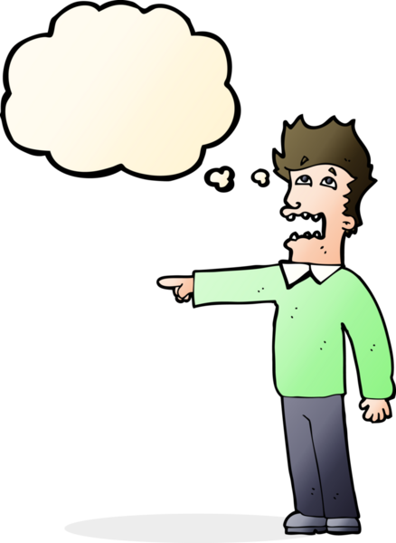 Bir insan tarafından çizilen düşünce baloncuğuyla suçlanan çizgi film adamı.