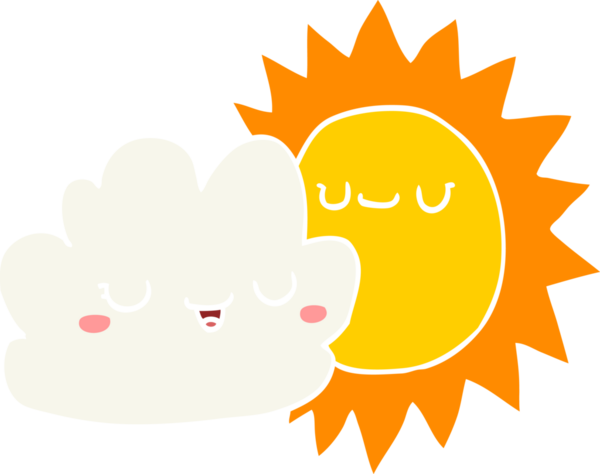 Bir insan tarafından çizilmiş düz renkli çizgi film güneşi ve bulut