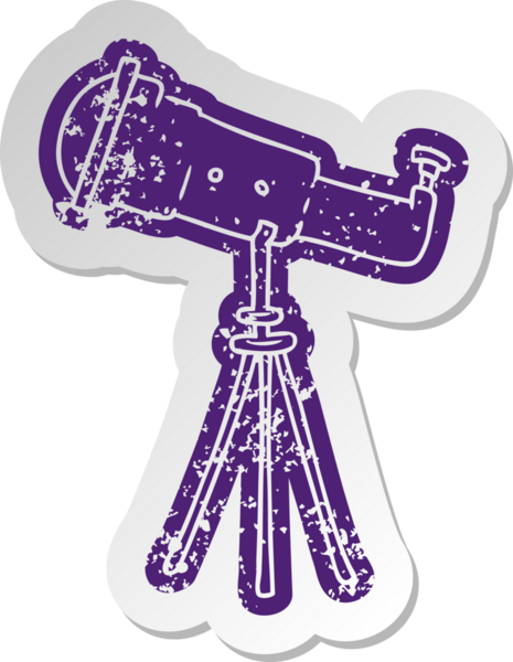 Bir insan tarafından çizilmiş büyük bir teleskobun eski bir karikatür çıkartması.