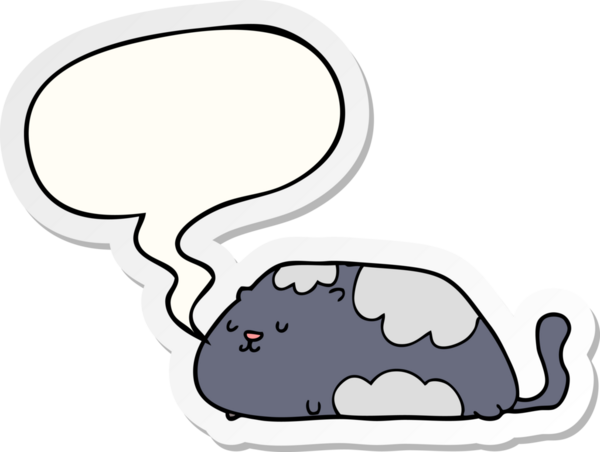 Bir insan tarafından çizilmiş baloncuk çıkartmalı çizgi film kedisi.