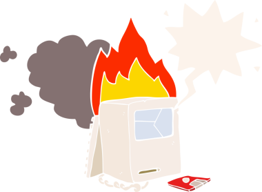 bir insan tarafından çizilmiş eski tarz konuşma baloncuklu çizgi film bozuk bilgisayarı