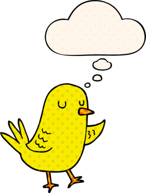 Çizgi roman tarzında düşünce baloncuğu olan çizgi film kuşu insan tarafından çizilmiş.
