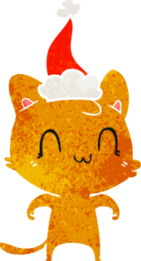 Bir insan tarafından çizilmiş Noel Baba şapkası giyen mutlu bir kedinin el çizimi karikatürü.