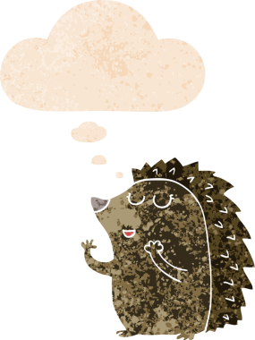 Düşünce baloncuğu ile çizgi film kirpisi grunge sıkıntılı retro dokuma bir insan tarafından çizilmiş