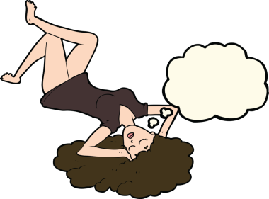 Bir insan tarafından çizilmiş düşünce baloncuğuyla yerde yatan çizgi film kadını.