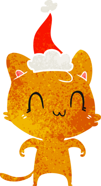 Bir insan tarafından çizilmiş Noel Baba şapkası giyen mutlu bir kedinin el çizimi karikatürü.