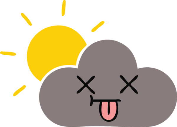 Bir fırtına bulutu ve bir insan tarafından çizilen güneşin düz renkli retro karikatürü