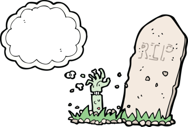 Bir insan tarafından çizilmiş düşünce baloncuğuyla mezardan yükselen bir zombi çizgi filmi.