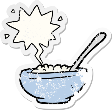 Bir insan tarafından çizilmiş, sıkıntılı, eski bir çıkartma, konuşma balonlu pirinç kasesi.