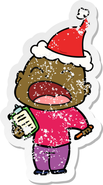 Bir insan tarafından çizilmiş Noel Baba şapkası giymiş bağıran kel bir adamın el yazısı.