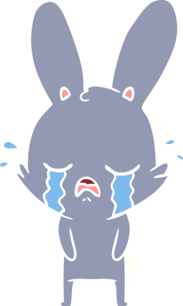 Sevimli düz renkli çizgi film tavşanı bir insan tarafından çizilmiş ağlıyor.