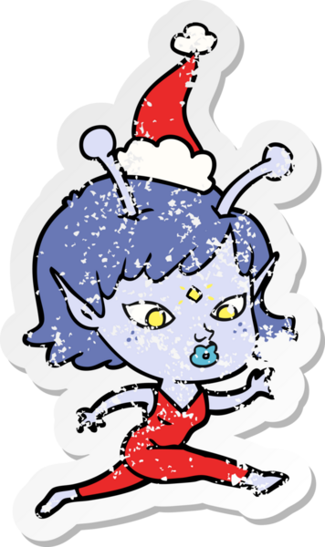 Bir insan tarafından çizilmiş Noel Baba şapkasıyla koşan uzaylı bir kızın çizilmiş, kederli bir el çıkartması.