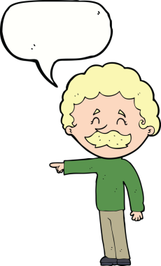 Çizgi filmdeki bıyıklı adam bir insan tarafından çizilmiş konuşma balonuyla işaret ediyor.