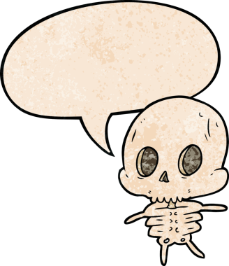 Bir insan tarafından çizilmiş, konuşma baloncuklu, sevimli bir karikatür iskeleti.