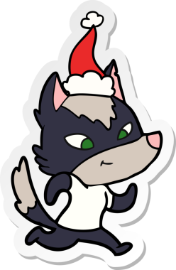 Bir insan tarafından çizilmiş Noel Baba şapkası takan bir kurt resmi.