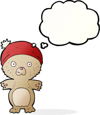 şapkalı şirin oyuncak ayı ve bir insan tarafından çizilmiş düşünce balonu.