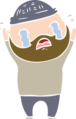 Düz renkli çizgi film sakallı adam bir insan tarafından çizilmiş ağlıyor.