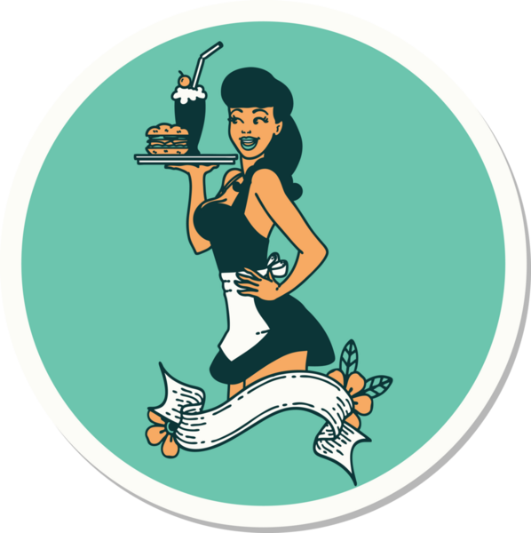 Geleneksel stil dövme çıkartması. Bir insan tarafından çizilmiş pankartı olan garson kız.