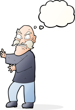 Bir insan tarafından çizilmiş düşünce baloncuğu olan kızgın yaşlı bir adam.