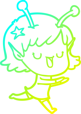 Bir insan tarafından çizilmiş mutlu bir uzaylı kız çizgi filmi.