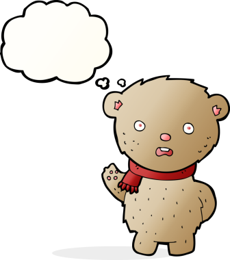 Bir insan tarafından çizilmiş düşünce baloncuklu atkı takan çizgi film ayısı.