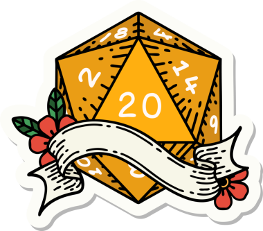 Bir insan tarafından çizilmiş 20 D20 zarının çıkartması.