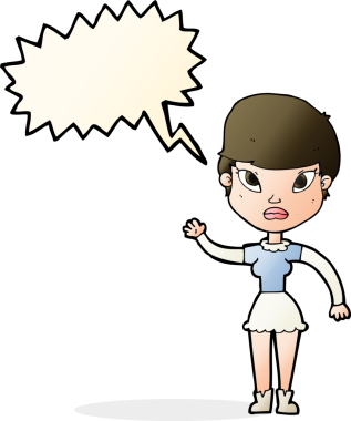 Bir insan tarafından çizilmiş bir konuşma balonuyla el sallayan çizgi film kadını.