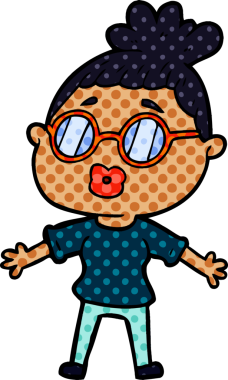 Bir insan tarafından çizilmiş gözlüklü bir karikatür kadın.