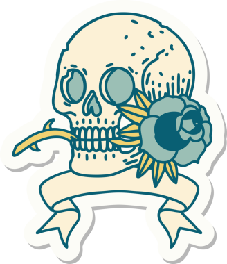 Bir insan tarafından çizilmiş kafatası ve gül şeklinde dövme stili.