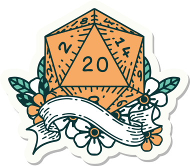 Bir insan tarafından çizilmiş 20 D20 zarının çıkartması.