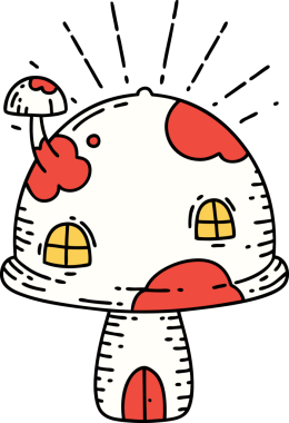 Bir insan tarafından çizilmiş geleneksel dövmeli mantar evi.