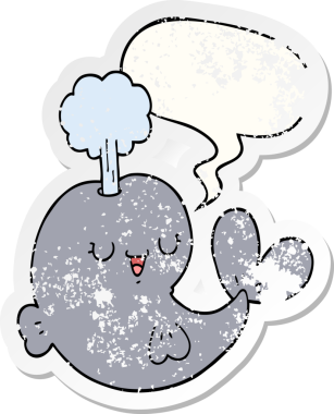 Konuşma baloncuğu olan karikatür balinası bir insan tarafından çizilmiş sıkıntılı eski bir çıkartma