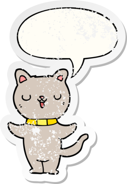 Konuşma baloncuğu olan çizgi film kedisi bir insan tarafından çizilmiş sıkıntılı eski bir çıkartma